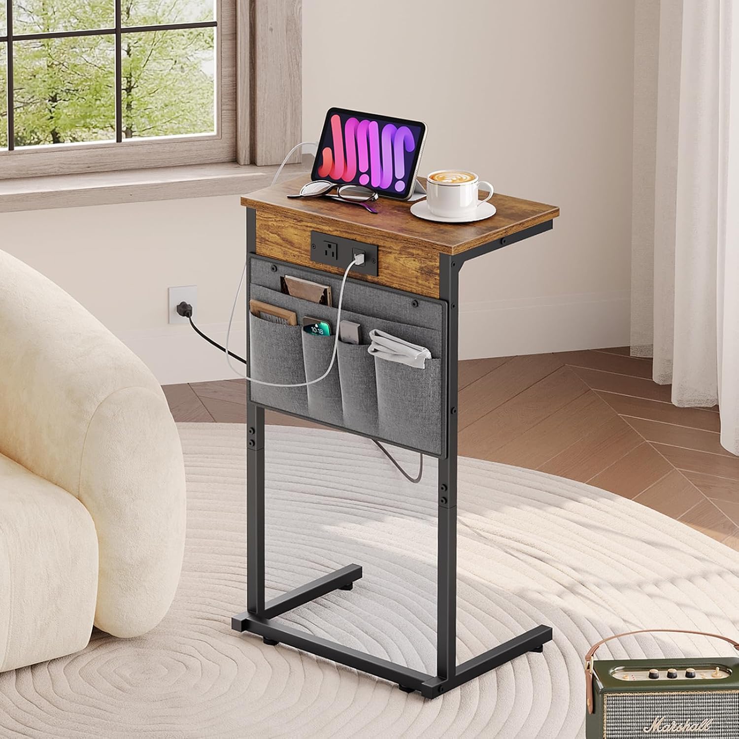 HOOBRO C Shaped End Table with Charging Station, 28" Tall Couch Table for Couch...