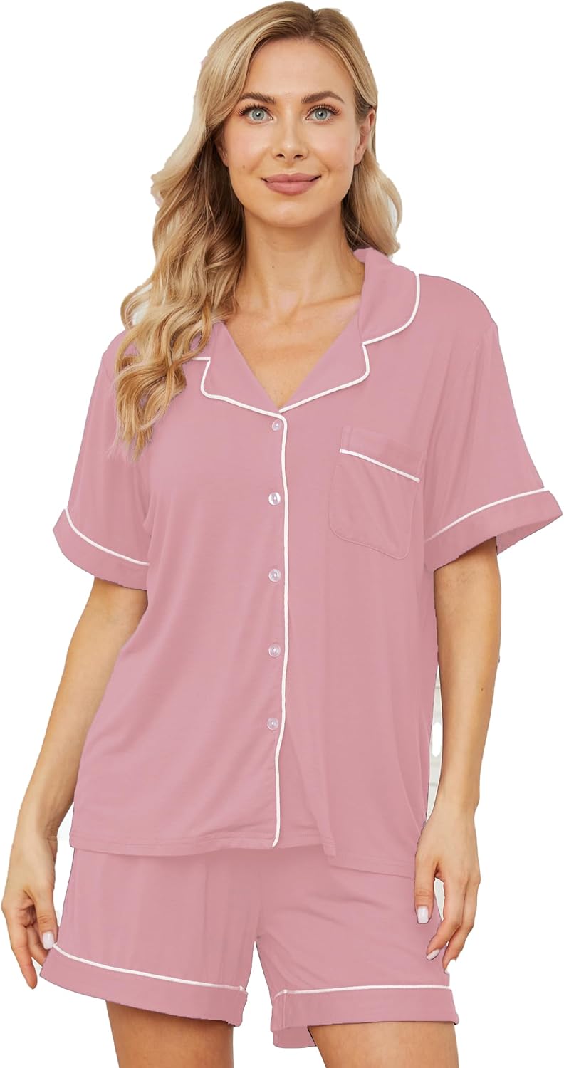 Womens Pajama Sets Short Sleeve Sleepwear Soft Button Down Nightwear Lounge Pj S...
