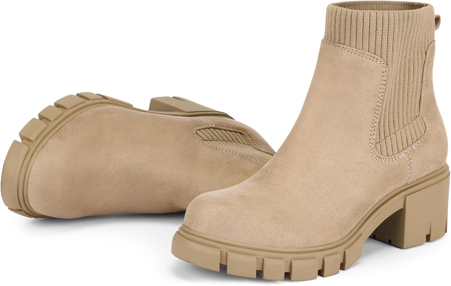 FITORY Women's Ankle Boots Comfy Chelsea Mid Heel Elastic Chunky Heel Lug Sole B...