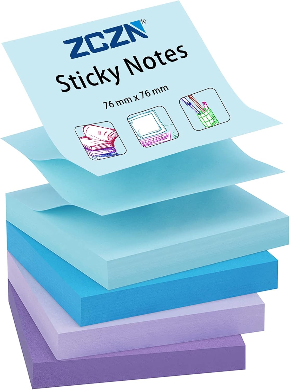 ZCZN Pop-up Sticky Notes 76 x 76 mm, 4 Pads Assorted Colours Self-Stick Notes, 1...