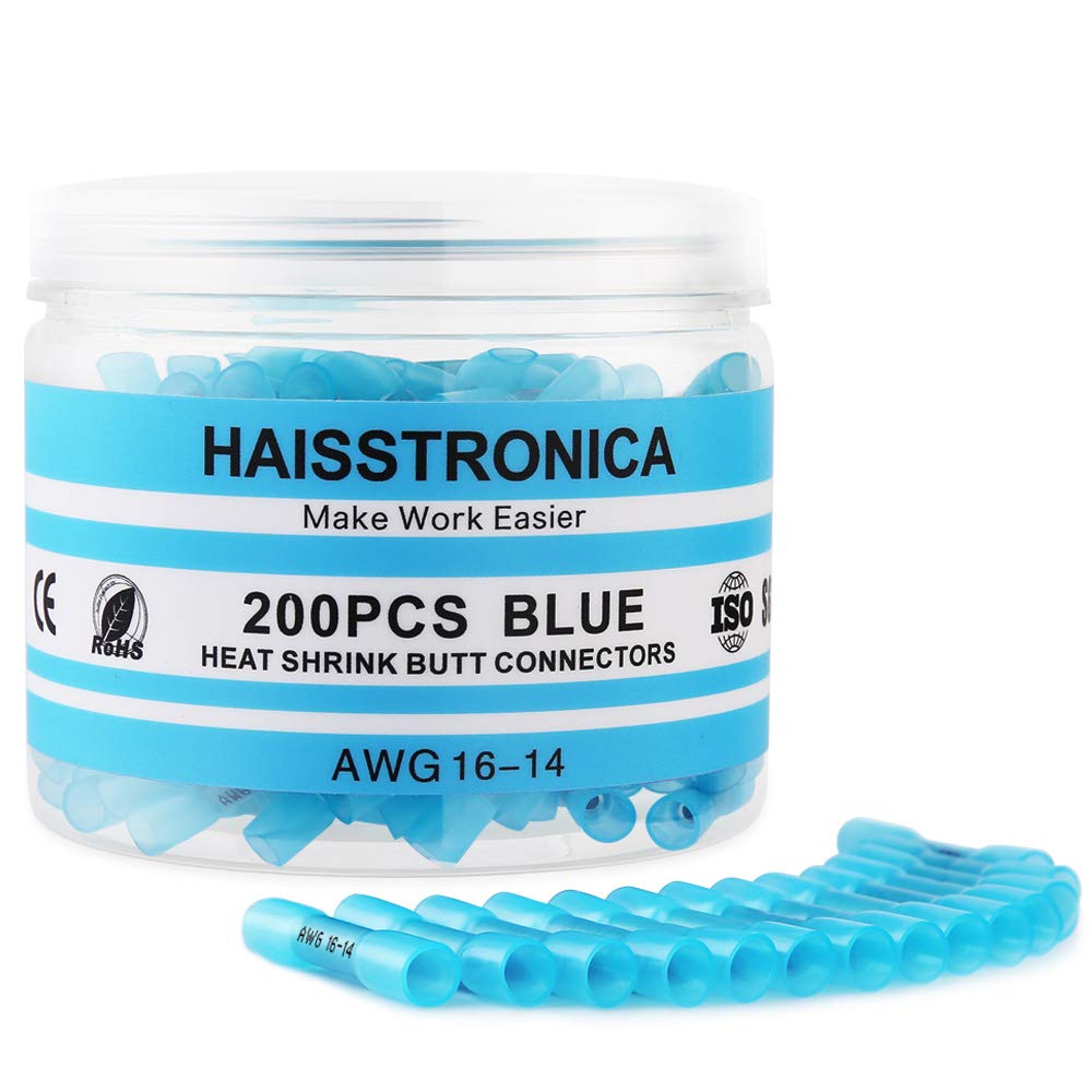 Haisstronica 200PCS 16-14 Awg Blue Heat Shrink Butt Connectors-Tinned Red Copper...
