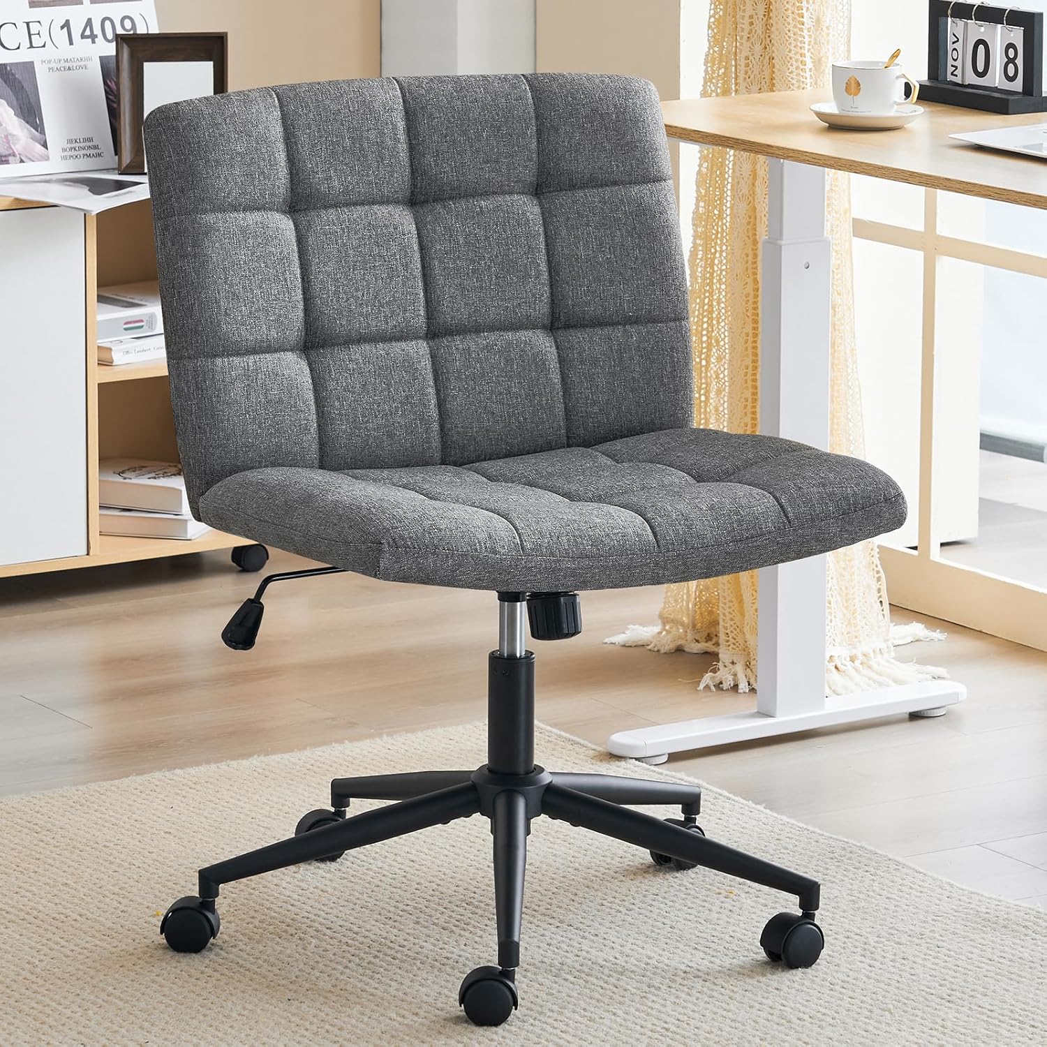 Furnimart Swivel Criss Cross Legged Chair with Wheels for Home Office, Wide Arml...