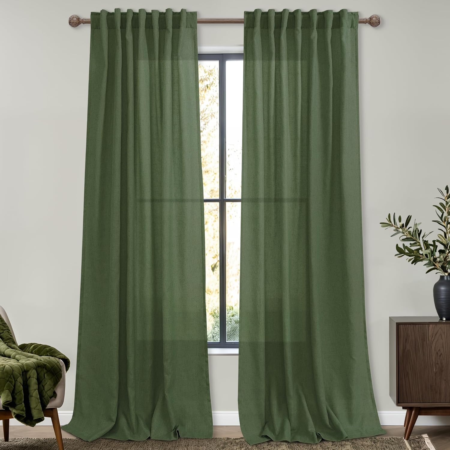 Mrs.Naturall Living Room 96 Inch Long Linen Curtains 2 Panels Set,Sheer Window T...