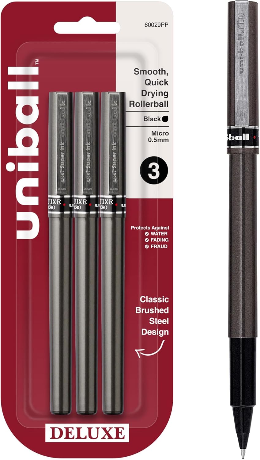 Uniball Deluxe, 3 Black 0.5mm Micro Point Rollerball Pens Metallic Gray 3 Count...