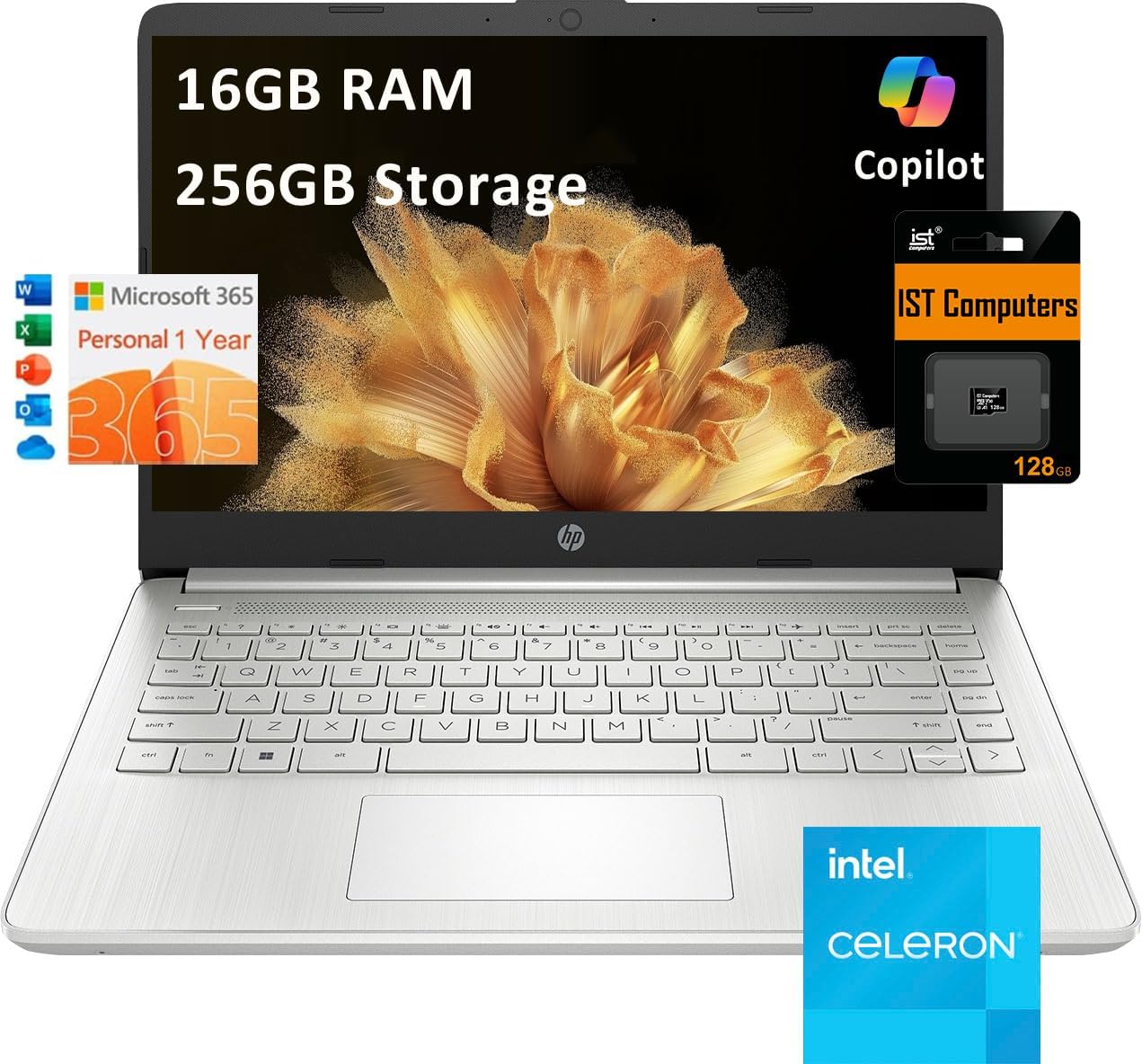 HP 14 Laptop (14" Anti-glare, Intel Celeron N4120, 16GB RAM, 256GB Storage (128G...
