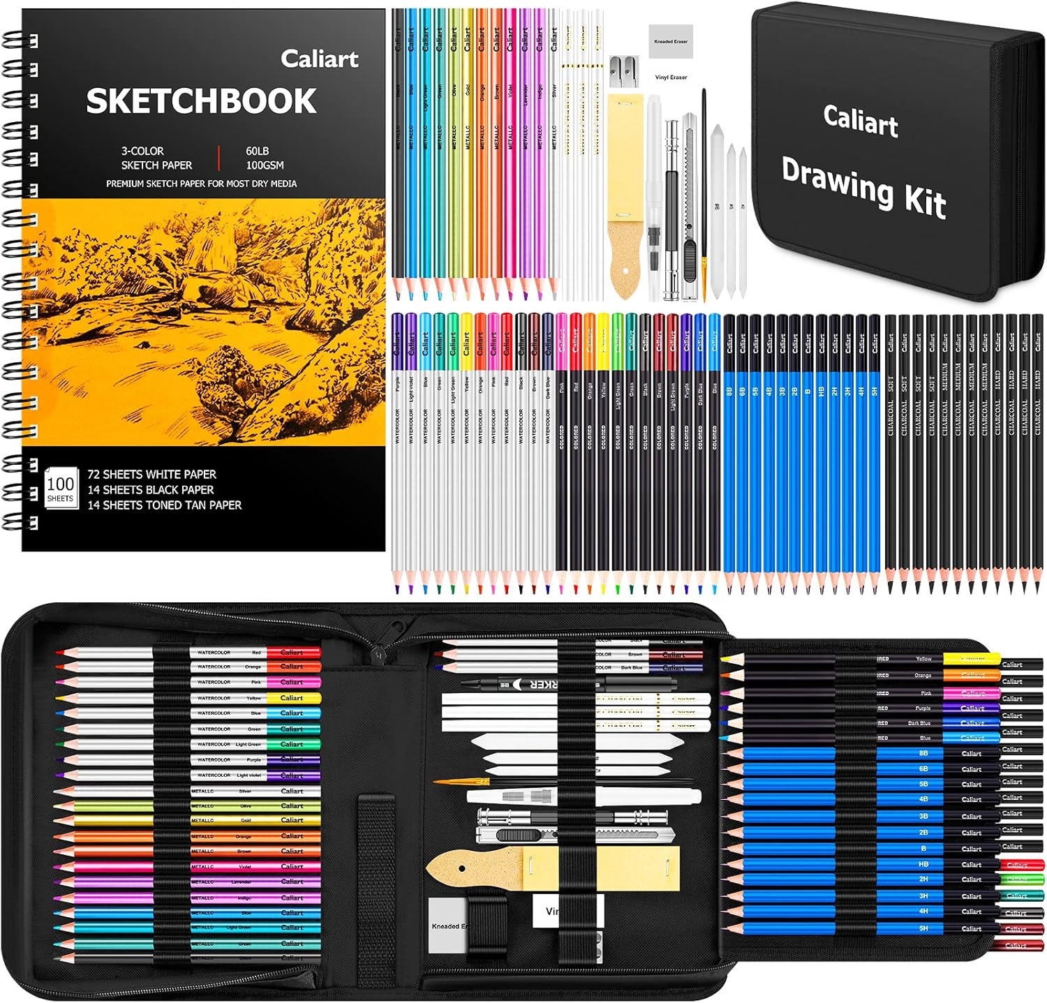 Caliart 176PCS Art Supplies Sketching Kit with 100 Sheets 3-Color Sketch Book, G...