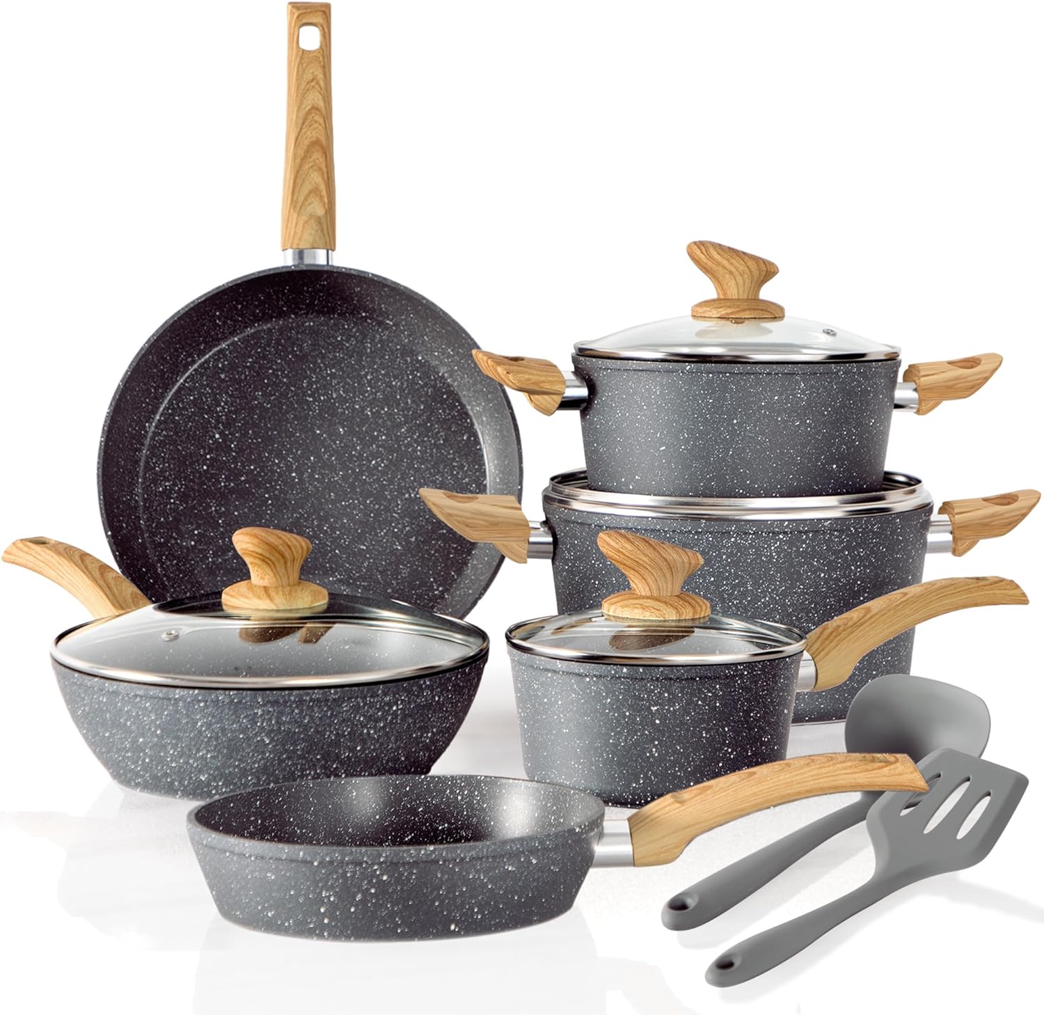 Kitchen Academy Induction Cookware Sets - 12 Piece Cooking Pan Set, Gray Granite...