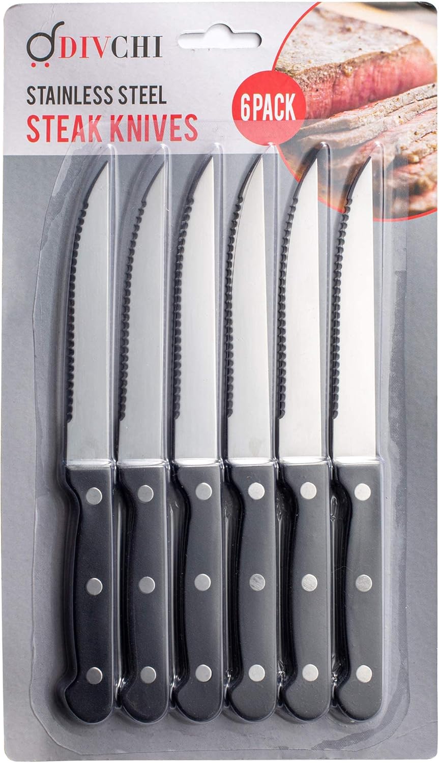 DIVCHI Steak Knives Set of 6 - Steak Knife Set - Serrated Steak Knives Dishwashe...
