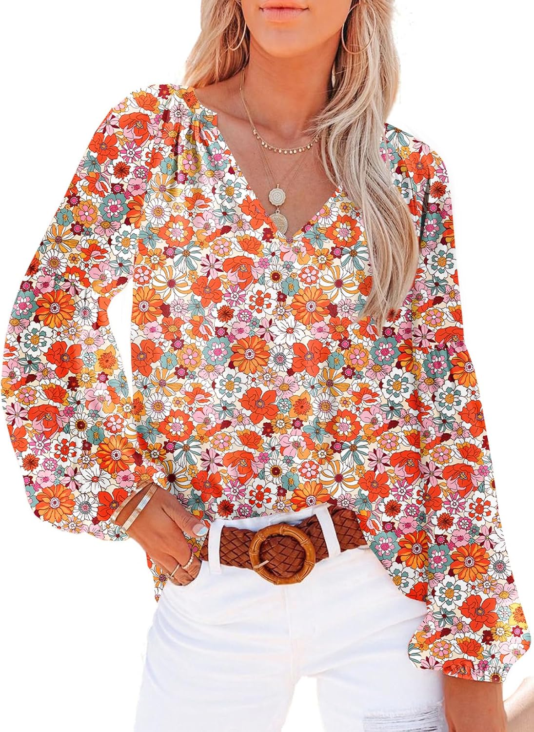 SHEWIN Women's Casual Boho Floral Print V Neck Long Sleeve Loose Blouses Shirts...