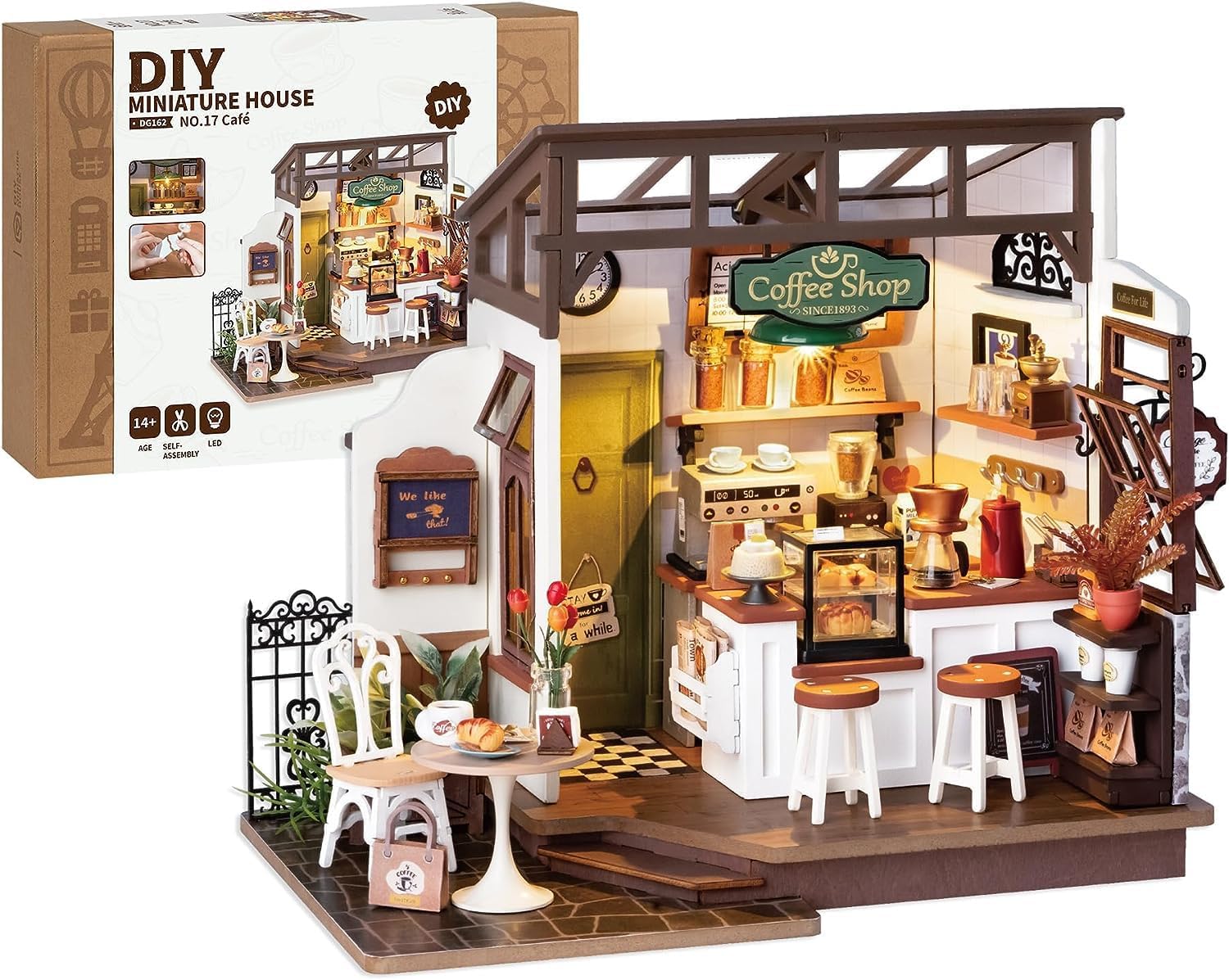 ROBOTIME DIY Wooden Dollhouse Set with Miniature Furniture, Model Building Set w...