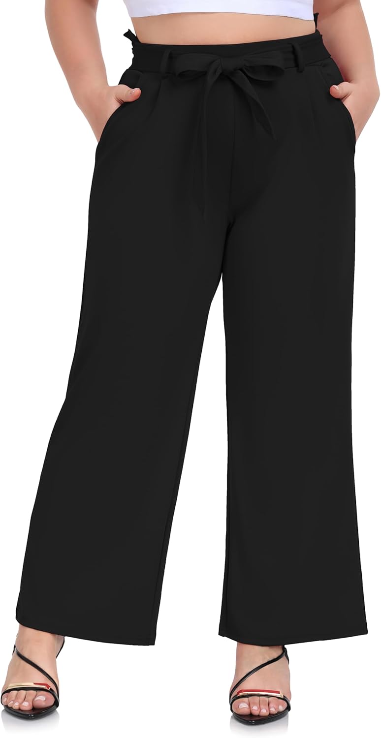 ZERDOCEAN Women's Plus Size Wide Leg Pants High Waisted Self-tie Belted Lounge P...