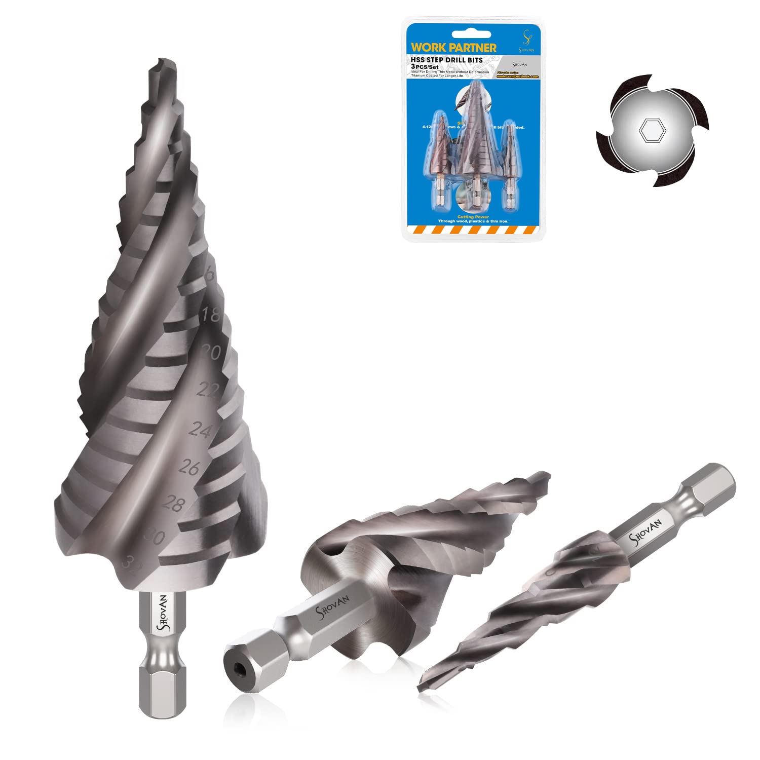 3PCS HSS Spiral Step Drill Bit Sets, SS SHOVAN 4-Flute Metal Drill Bits, 1/4" He...