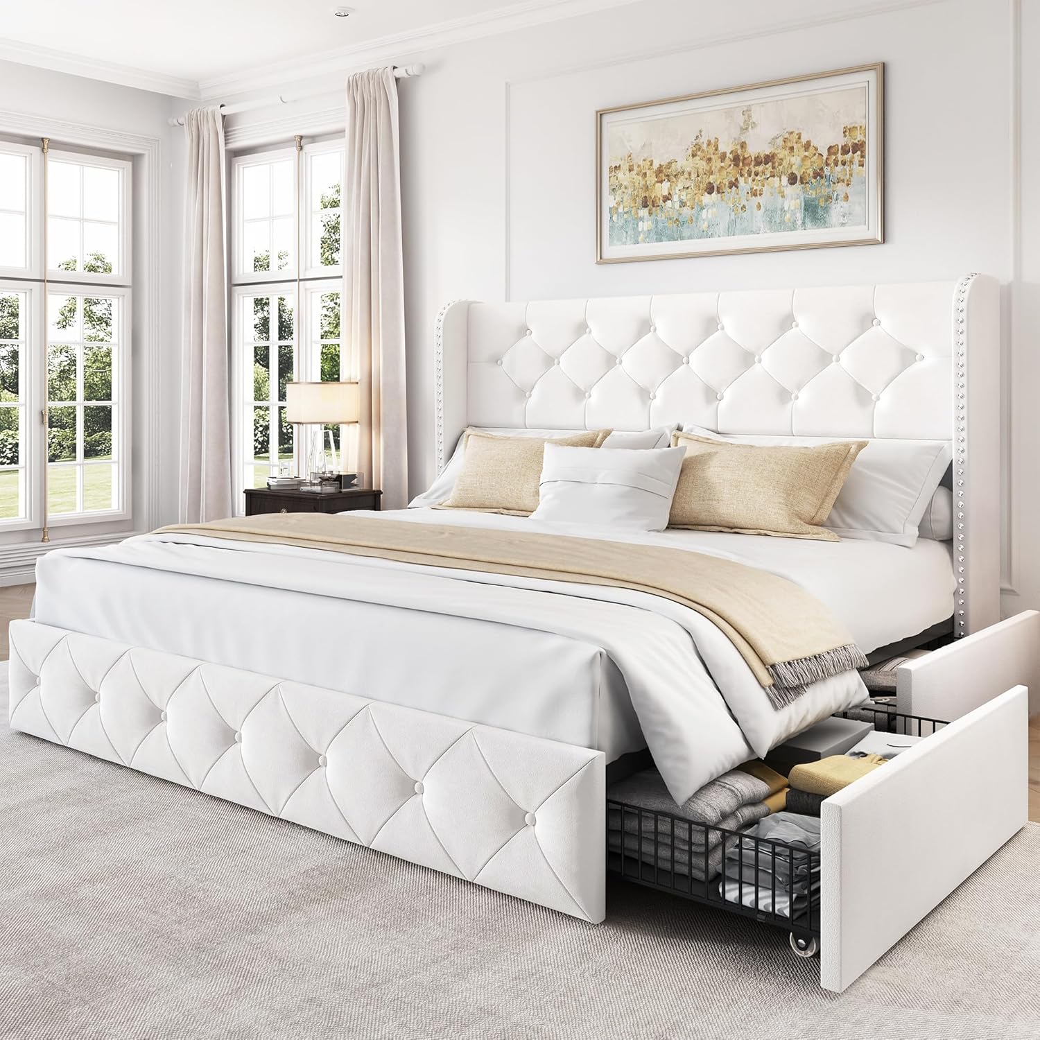 Queen Size Bed Frame with 4 Storage Drawers and Wingback Headboard Velvet Uphols...