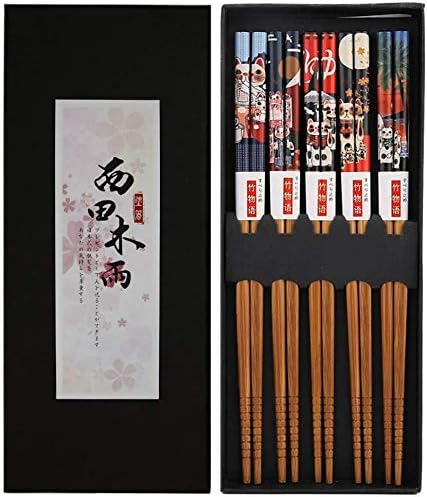 Bosdontek Japanese Chopsticks Wood 5 Pairs Reusable Natural Chopsticks Washable...