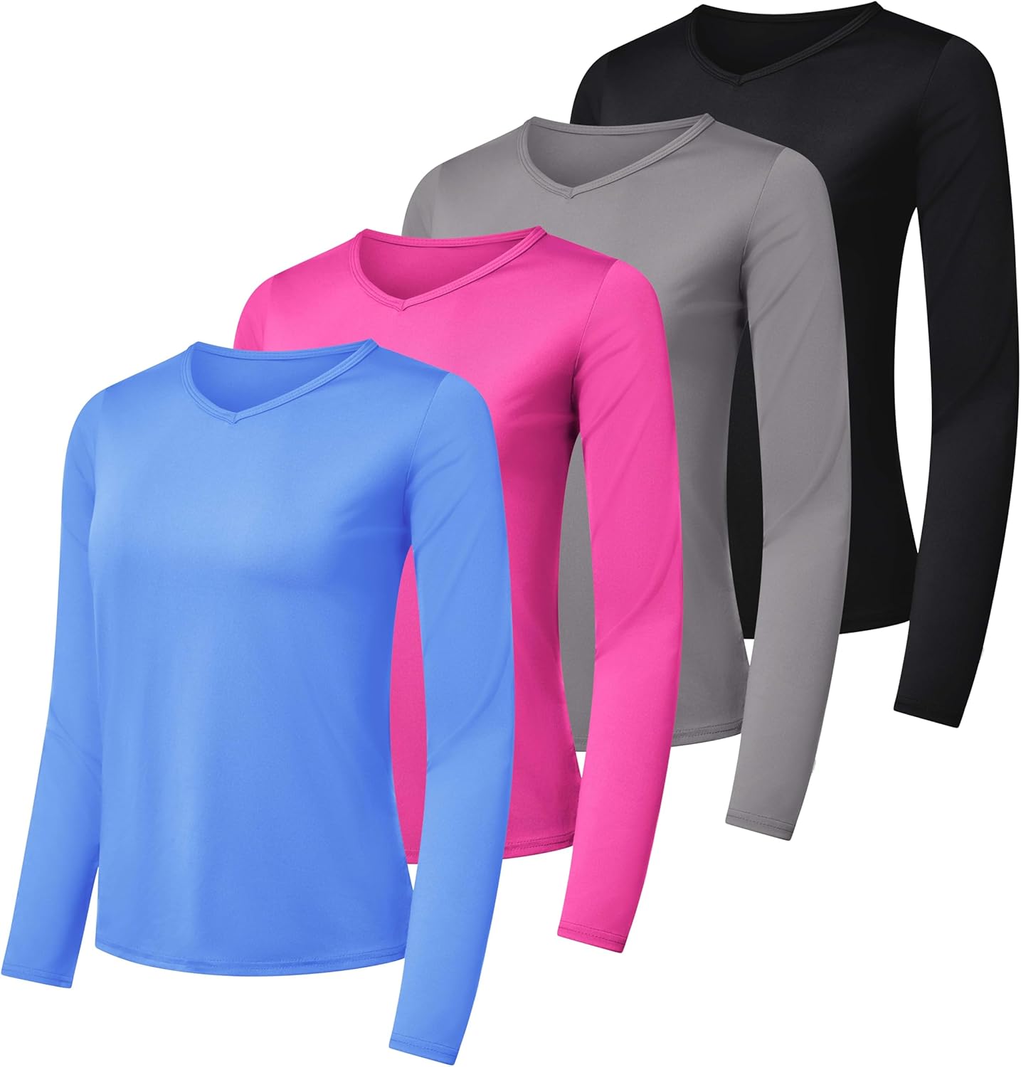 Real Essentials 4-Pack: Women's Dry-Fit Long-Sleeve V-Neck Athletic Workout Shir...
