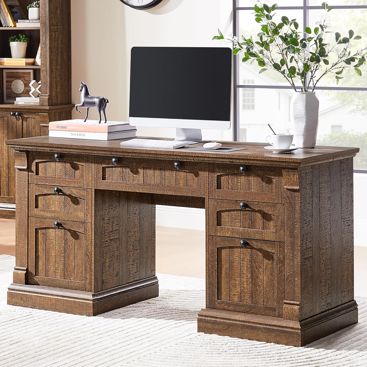OKD 60" Executive Desk with Drawers, Farmhouse Home Office Desk with Charging St...