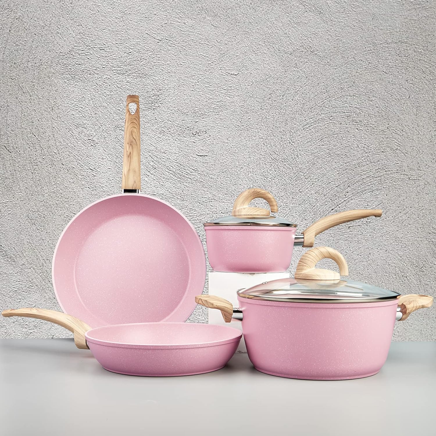Pink Pots and Pans Set Non Stick, Ceramic Cookware Set with Granite Pattern Kitc...