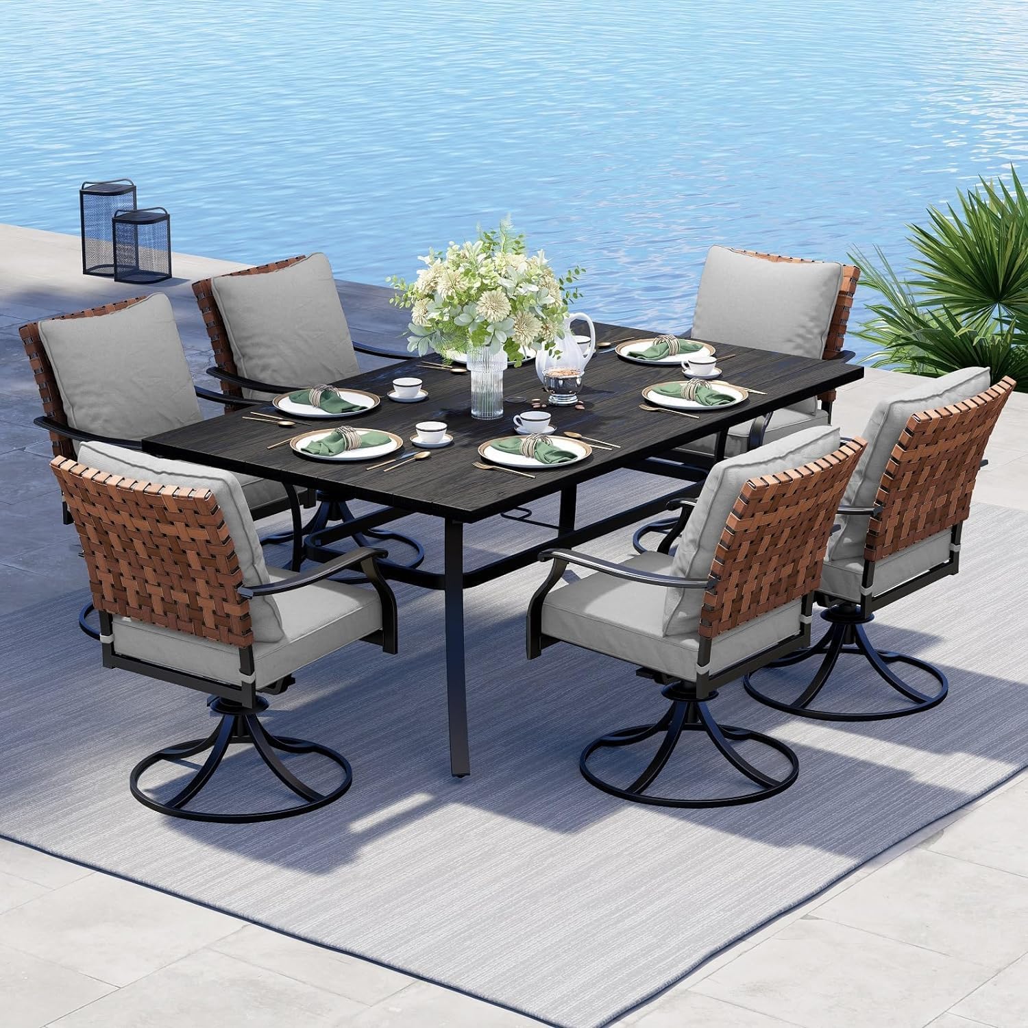 Grand patio 7-Piece Outdoor Dining Set, 6 Leather-Look Wicker Swivel Patio Chair...