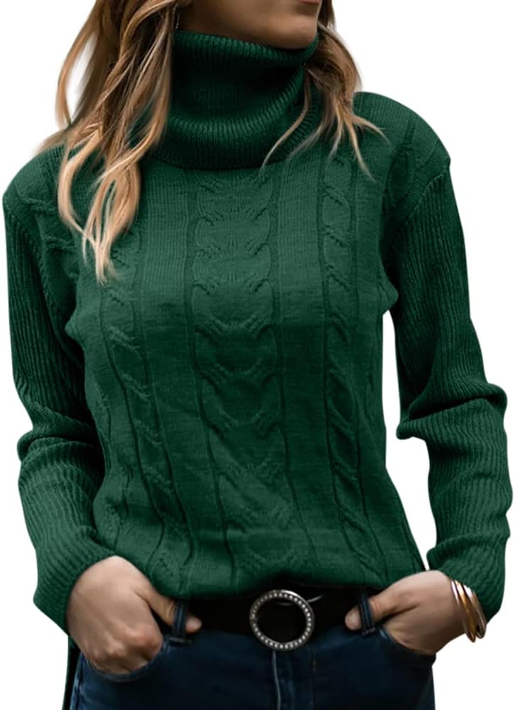 Langwyqu Womens' Turtleneck Long Sleeve Cable Knit Sweaters Large Dark Green