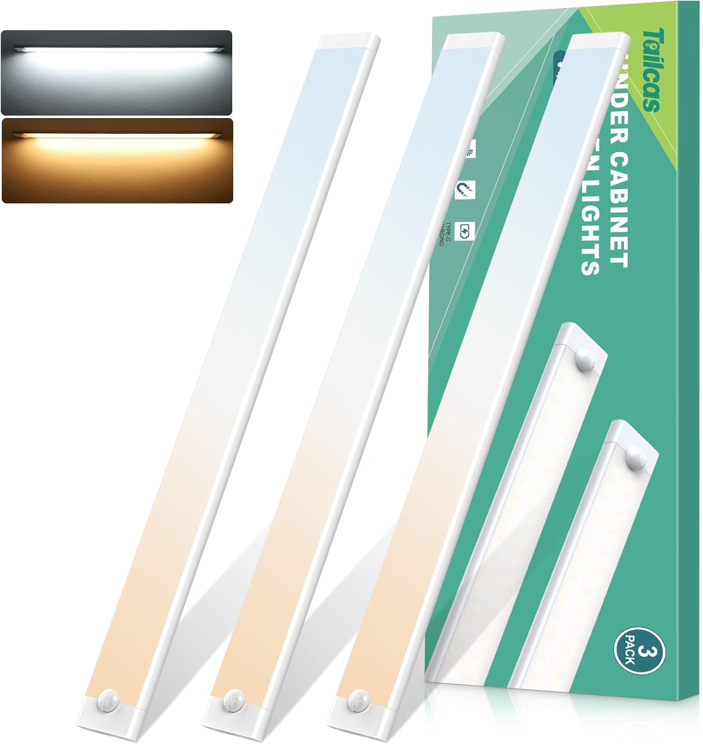 Under Cupboard Kitchen Lights, 100LED 3 Pack 2000mAh USB Type-C Rechargeable Dim...