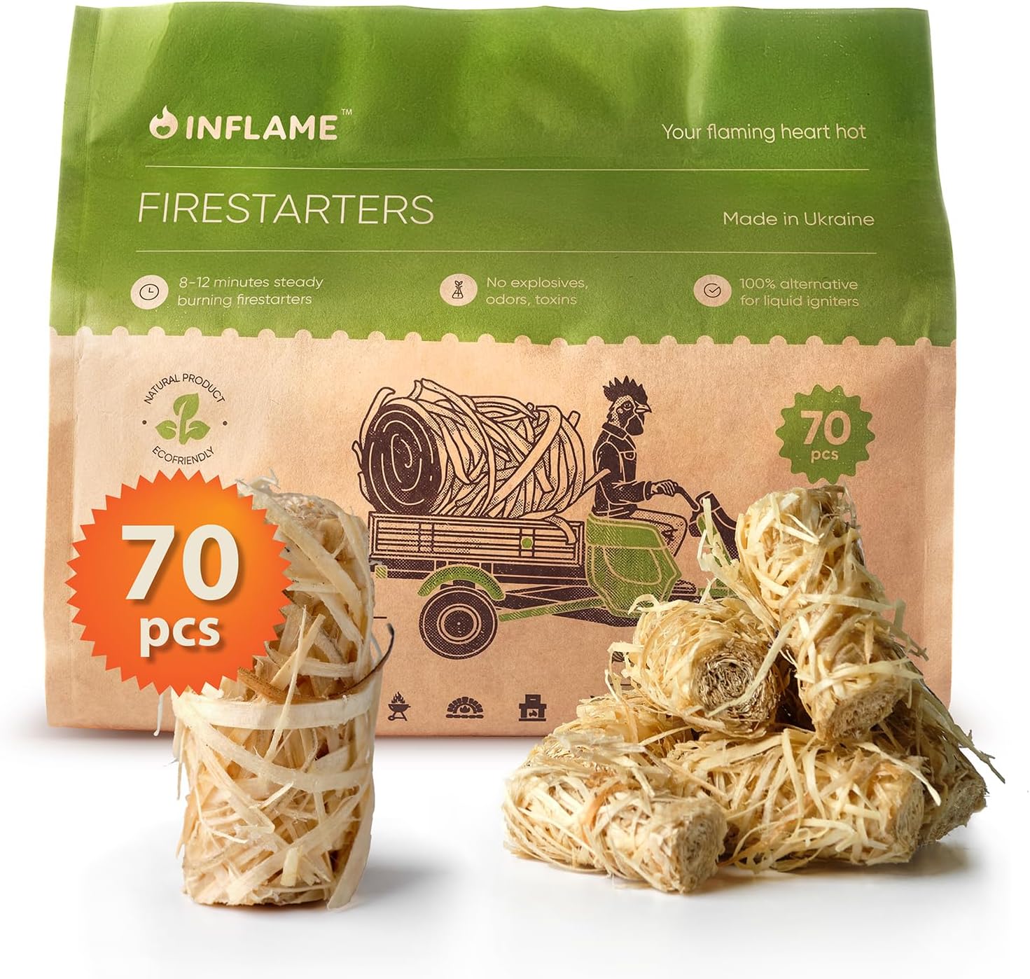 Inflame Fire Starters 70 pcs Fire Starters for Campfires, Grill, BBQ, Fireplace,...