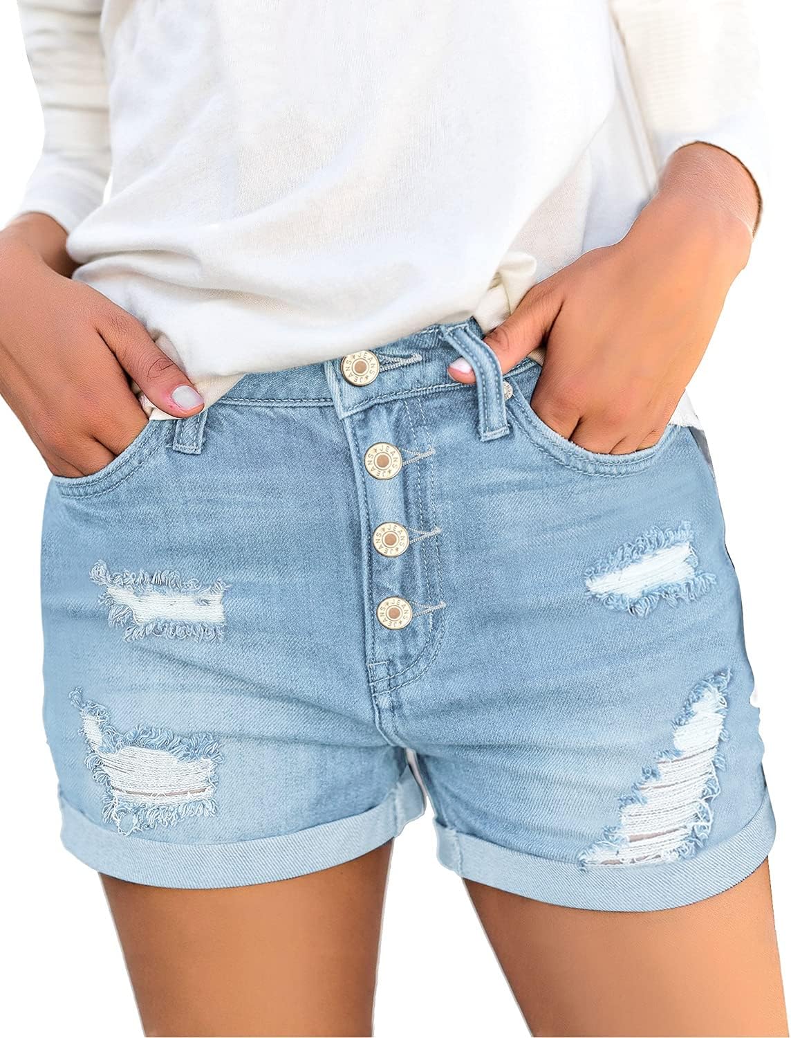 luvamia Women's Ripped High Waisted Denim Shorts Stretchy Cuffed Hem Jean Shorts...