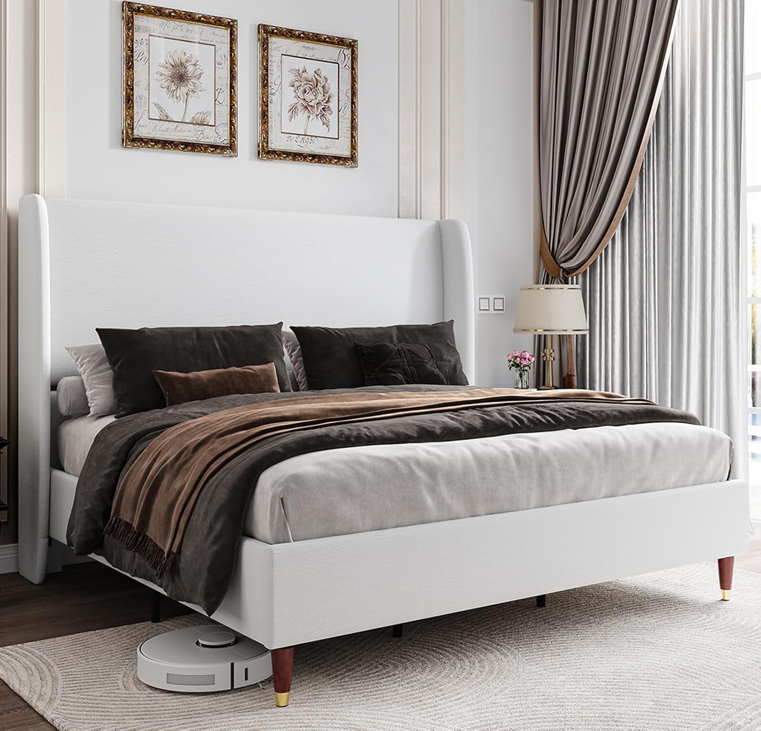 Jocisland King Bed Frame Upholstered Bed Frame and Wingback Headboard/Wood Slat...