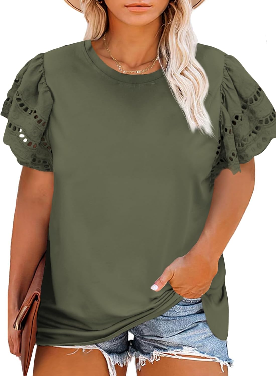 Eytino Womens Plus Size Tops Short Sleeve Round Neck Hollow Out Casual Loose Tun...