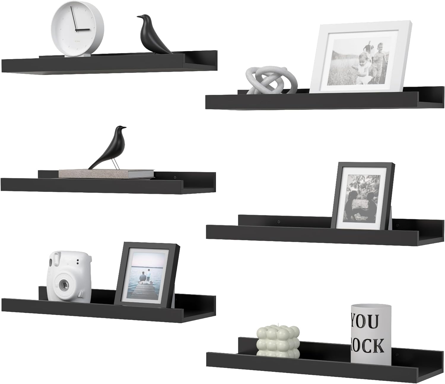 Floating Shelves Set of 6, Black Wall Shelves with Lip, Display Shelves for Wall...