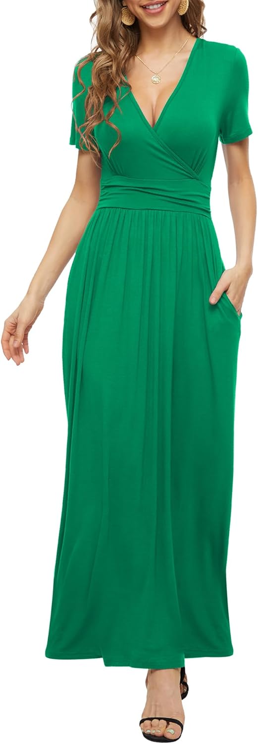 LILBETTER Women's Summer Short Sleeves Dress Wrap Waist Maxi Dresses with Pocket...