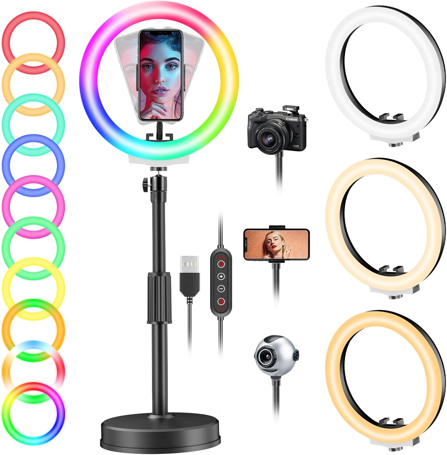 PEYOU Ring Light with Stand and Phone Holder, 10" Dimmable Desktop 【RBG & LED...