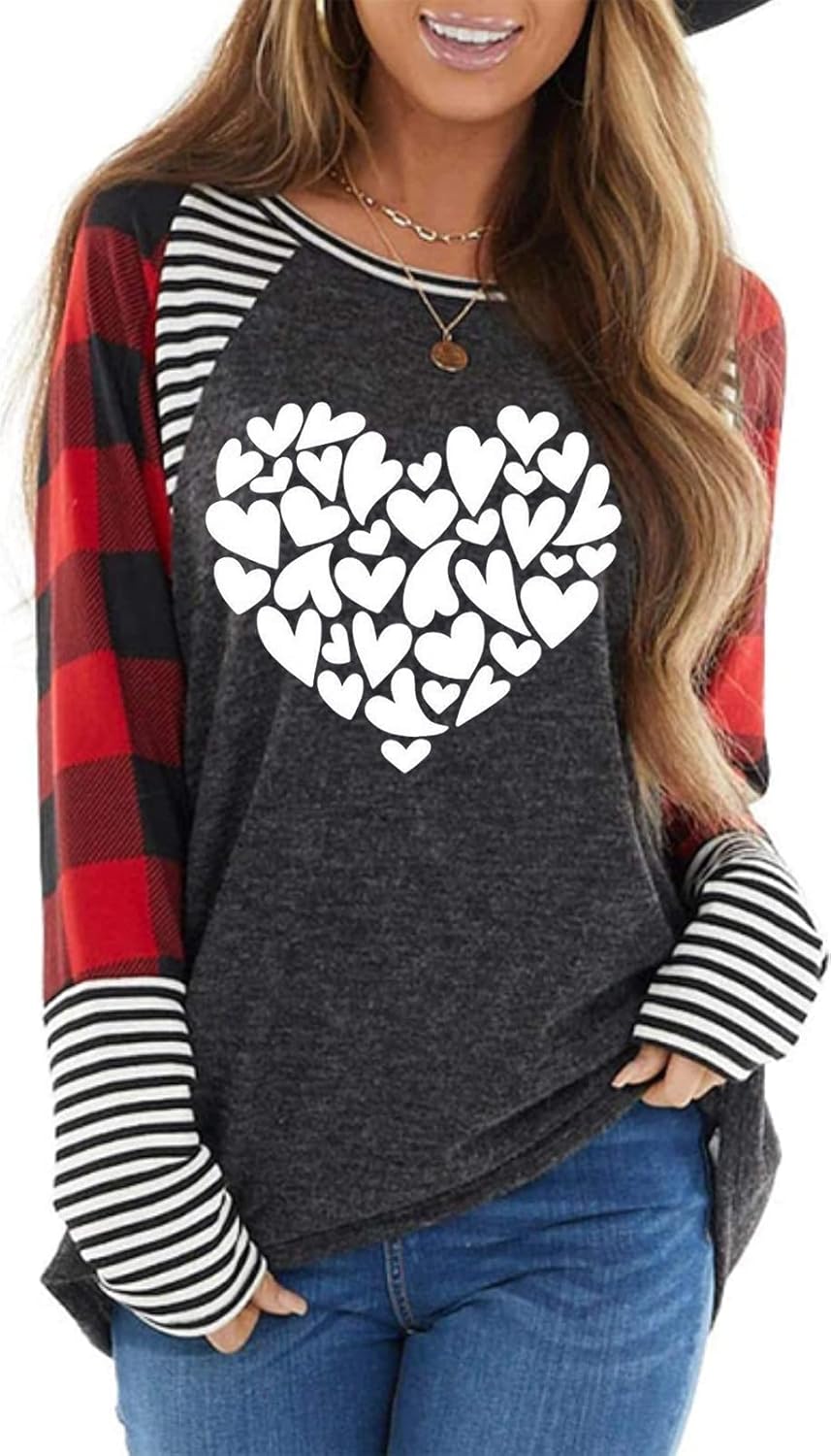 Valentine's Day Shirt for Womens Love Heart Print Graphic Tees Buffalo Plaid Lon...