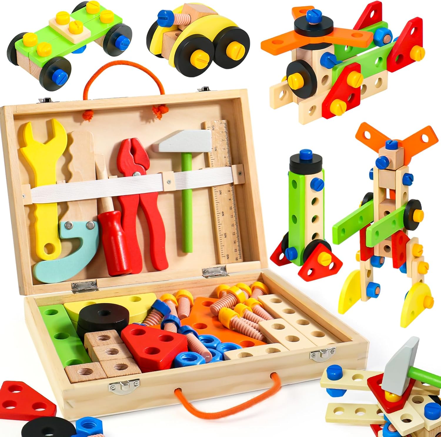 yoptote Kids Tool Set Toys for 3 Year Old Boys Girls, Wooden Toddler Tool Set wi...