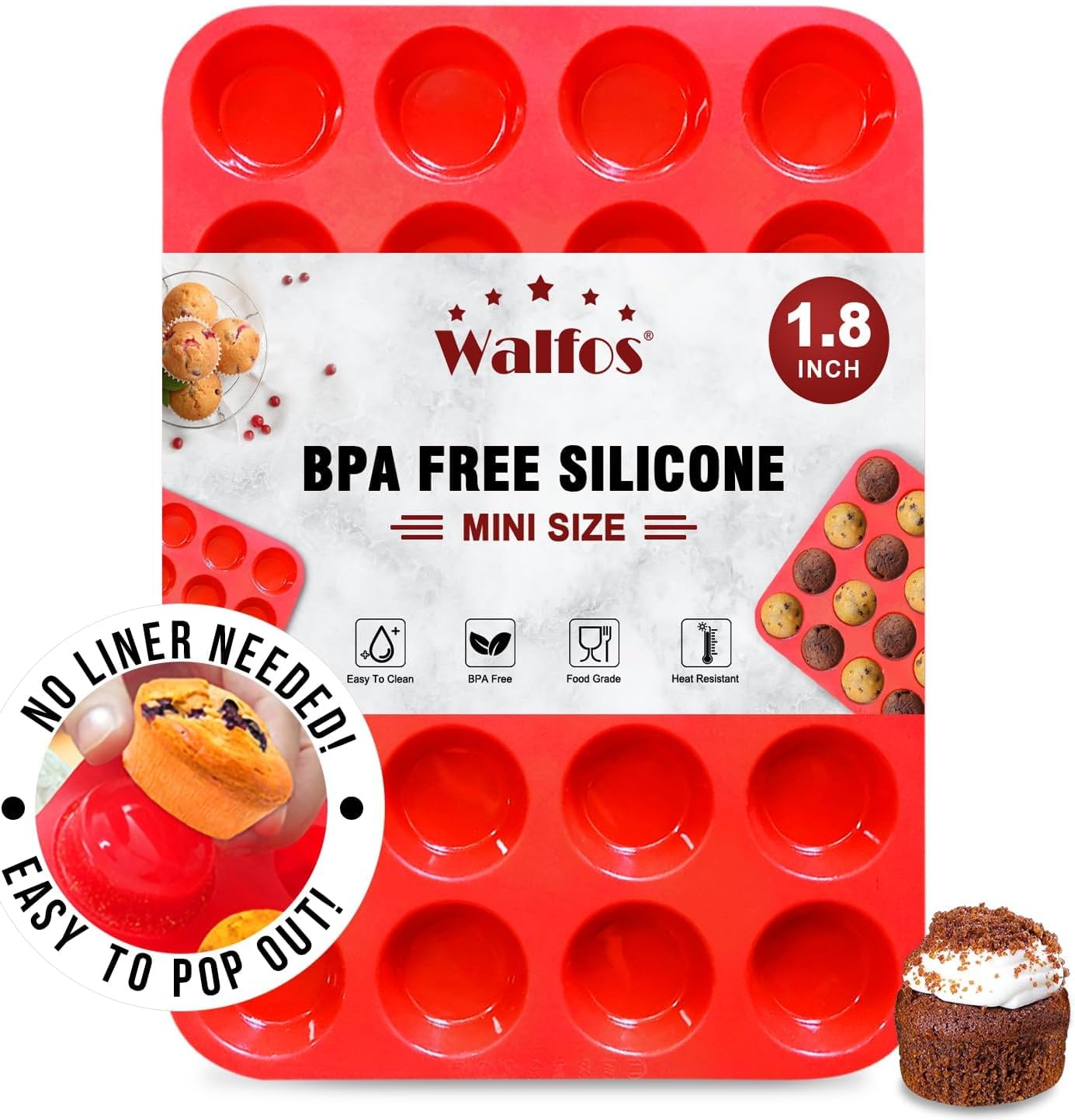 Walfos Mini Muffin Trays 24 Silicone Small Cupcake Cases Mould Baking Pan for Cu...