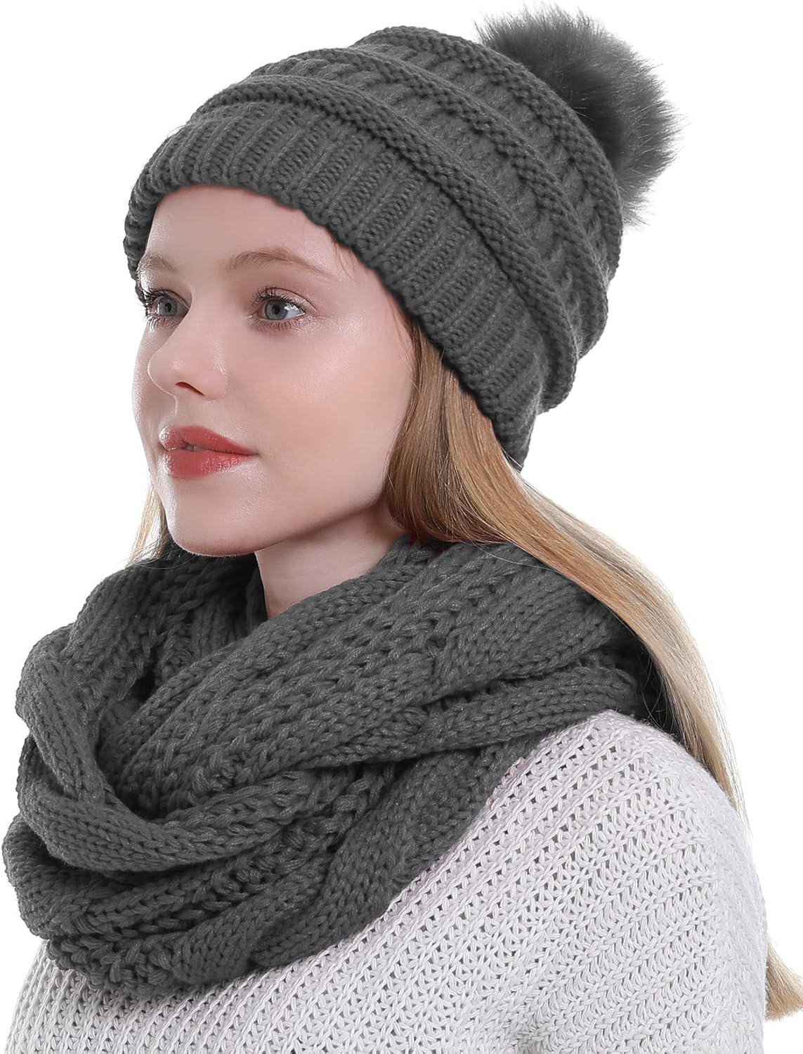Double Couple Winter Scarf and Hat Set for Women Thick Cable Knitted Circle Loop...