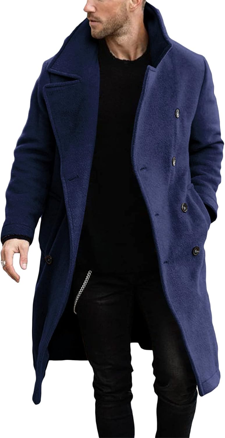 Makkrom Mens Double Breasted Trench Coat Casual Lapel Collar Business Winter Lon...
