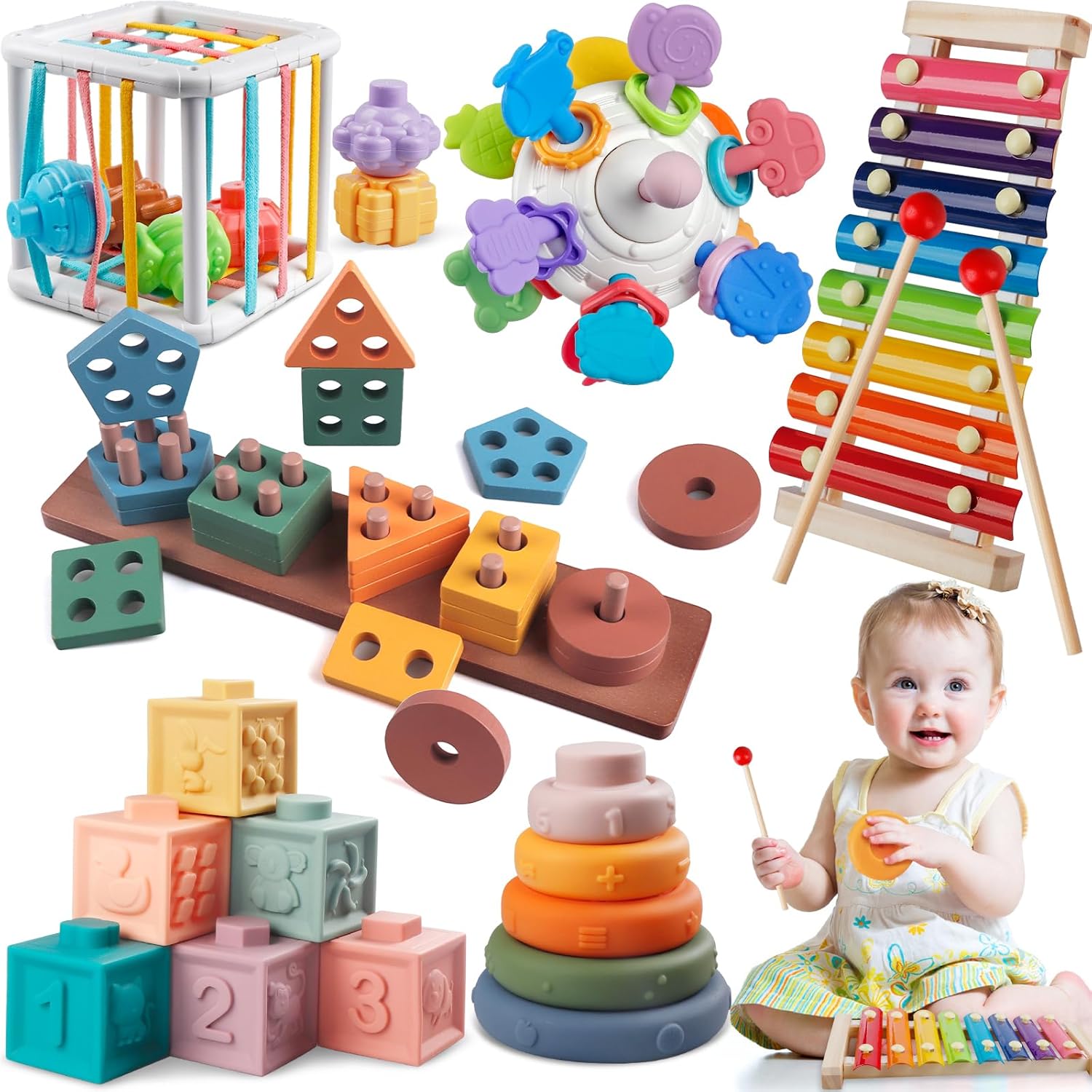 6 in 1 Montessori Baby Toys for 1 + Year Old, Infant Sensory Teething Toys for B...