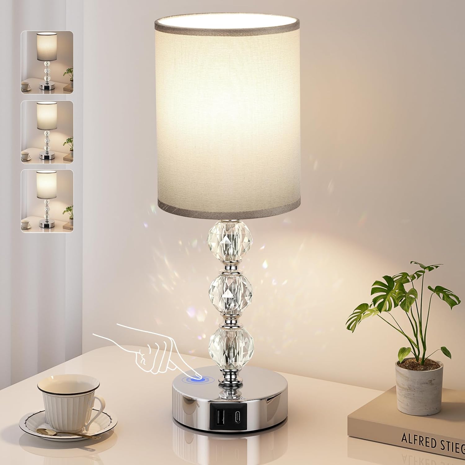 Aooshine Touch Table Lamp, Crystal Grey Bedside Lamps with 3 Way Dimmable, Small...