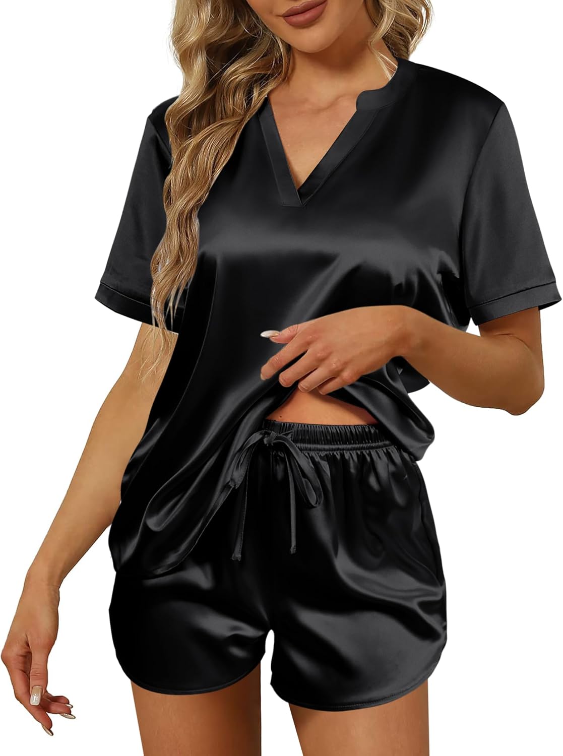 Ekouaer Silk Pajamas for Women Short Sleeve Sleepwear Two-piece Pjs Set Soft V N...