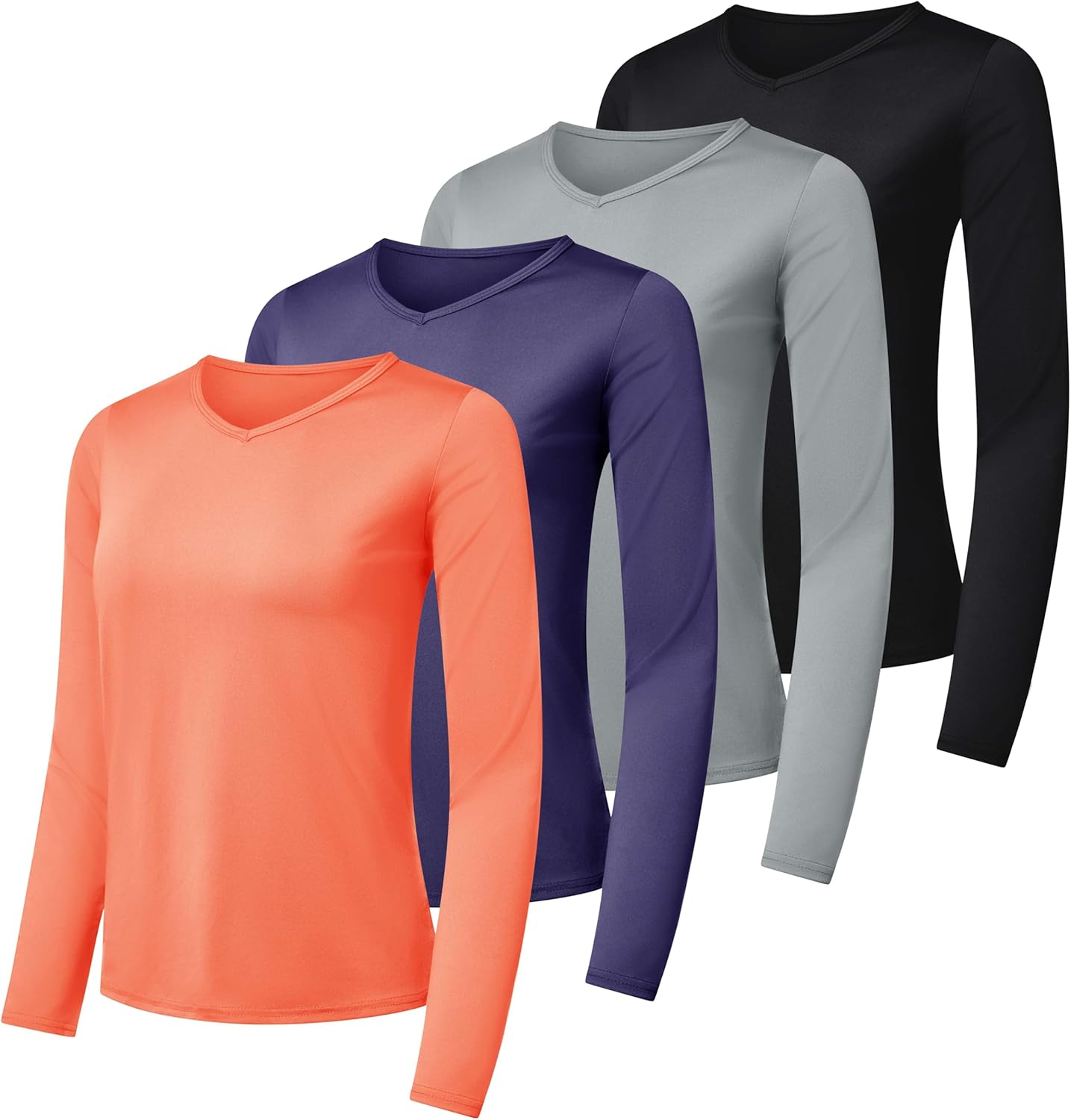 Real Essentials 4-Pack: Women's Dry-Fit Long-Sleeve V-Neck Athletic Workout Shir...
