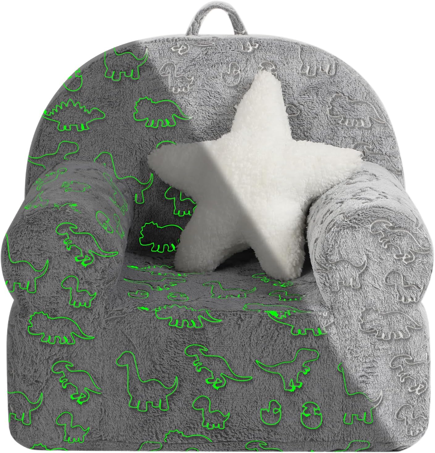 Dinosaur Glow in The Dark Kids Sofa with Star Throw Pillow, High Back Toddler Ch...