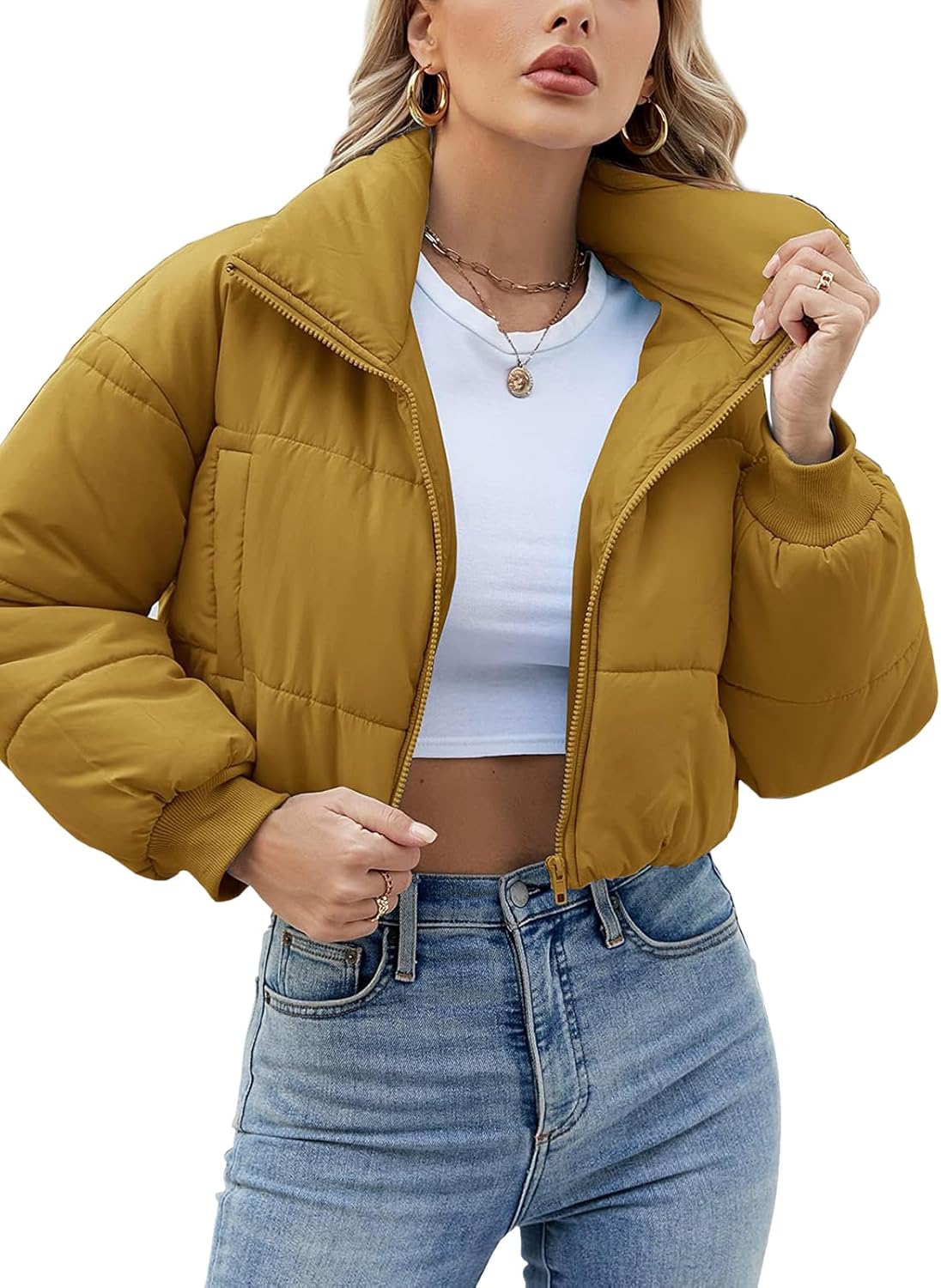 Womens Winter Long Sleeve Stand Collar Zip Puffer Jacket Lightweight Cropped Pad...