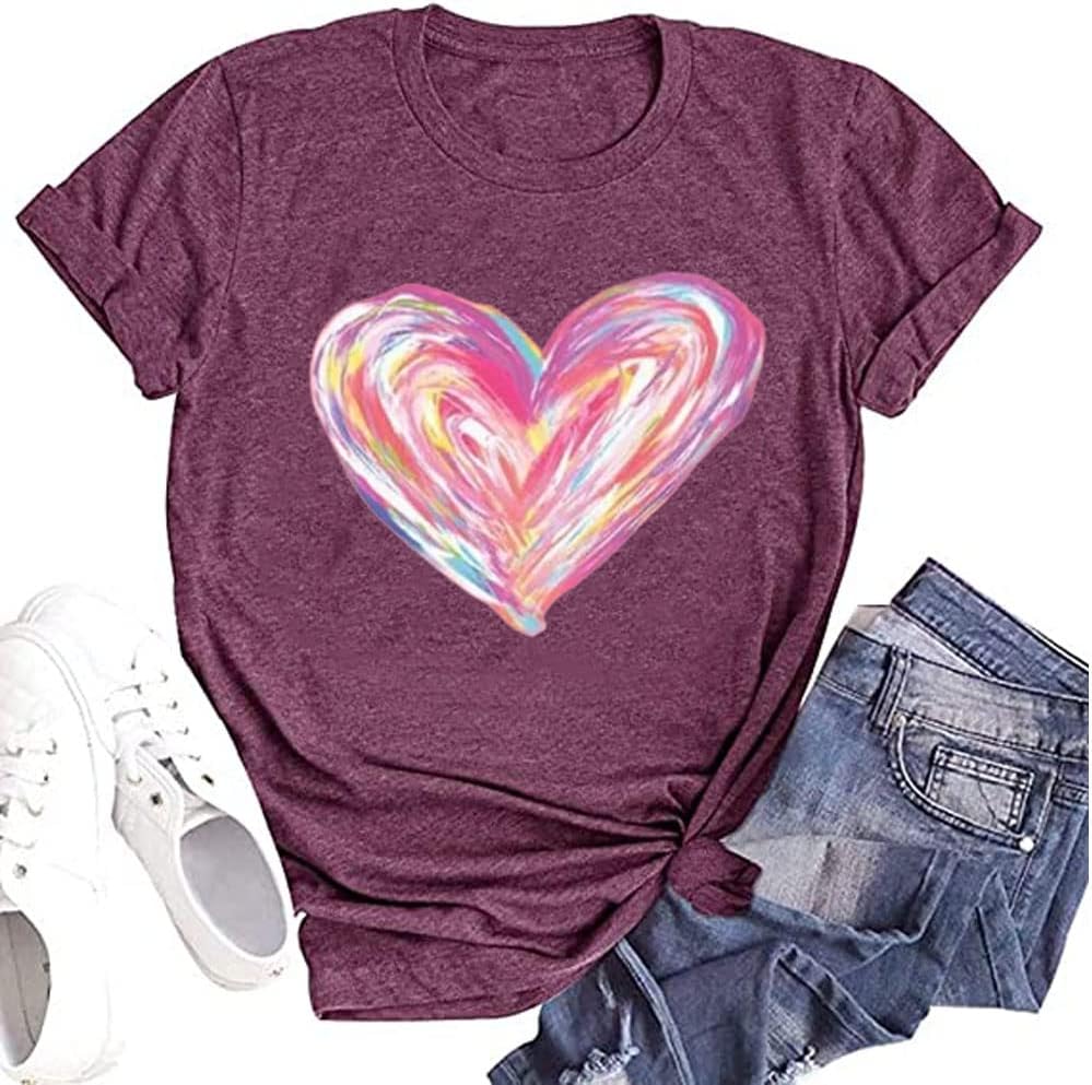 Women Valentine's Day Love Heart-Shaped Printed T Shirt Cute Graphic Tops Tee Gi...