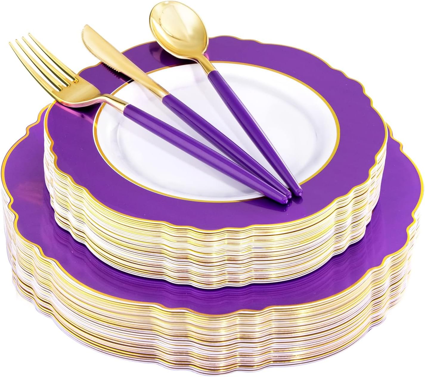 WDF 30Guest Purple Plastic Plates with Gold Rim & Disposable Gold Plastic Silver...