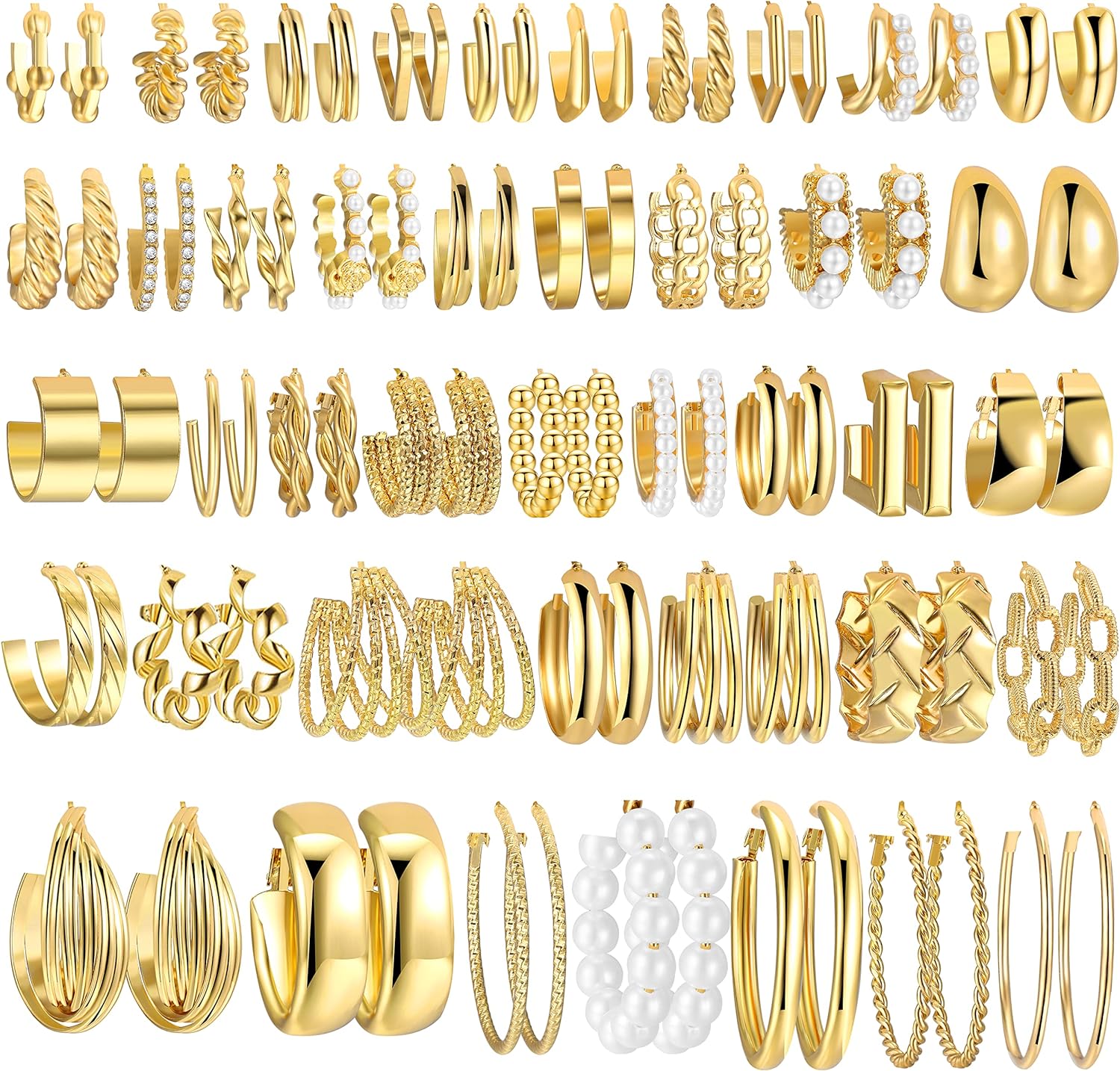 42 Pairs Gold Hoop Earrings Set for Women, Fashion Chunky Pearl Earrings Multipa...