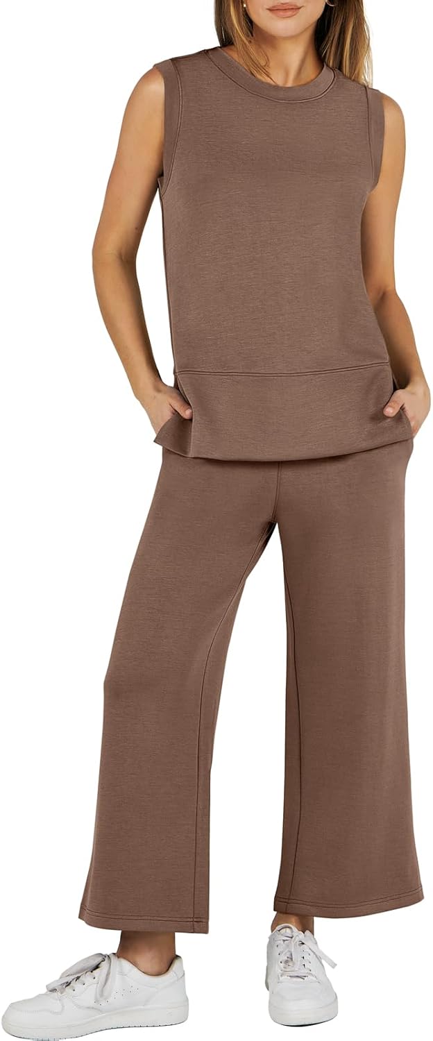 ANRABESS Women's 2 Piece Sets Summer Outfits Sleeveless Wide Leg Tracksuits Casu...