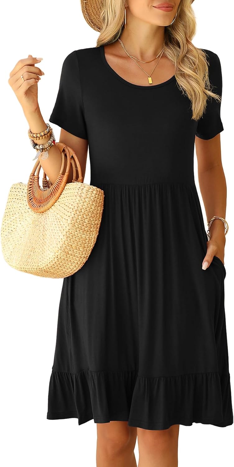 LILBETTER Round Neck Knee Length Dress for Women with Pockets Casual Summer Shor...