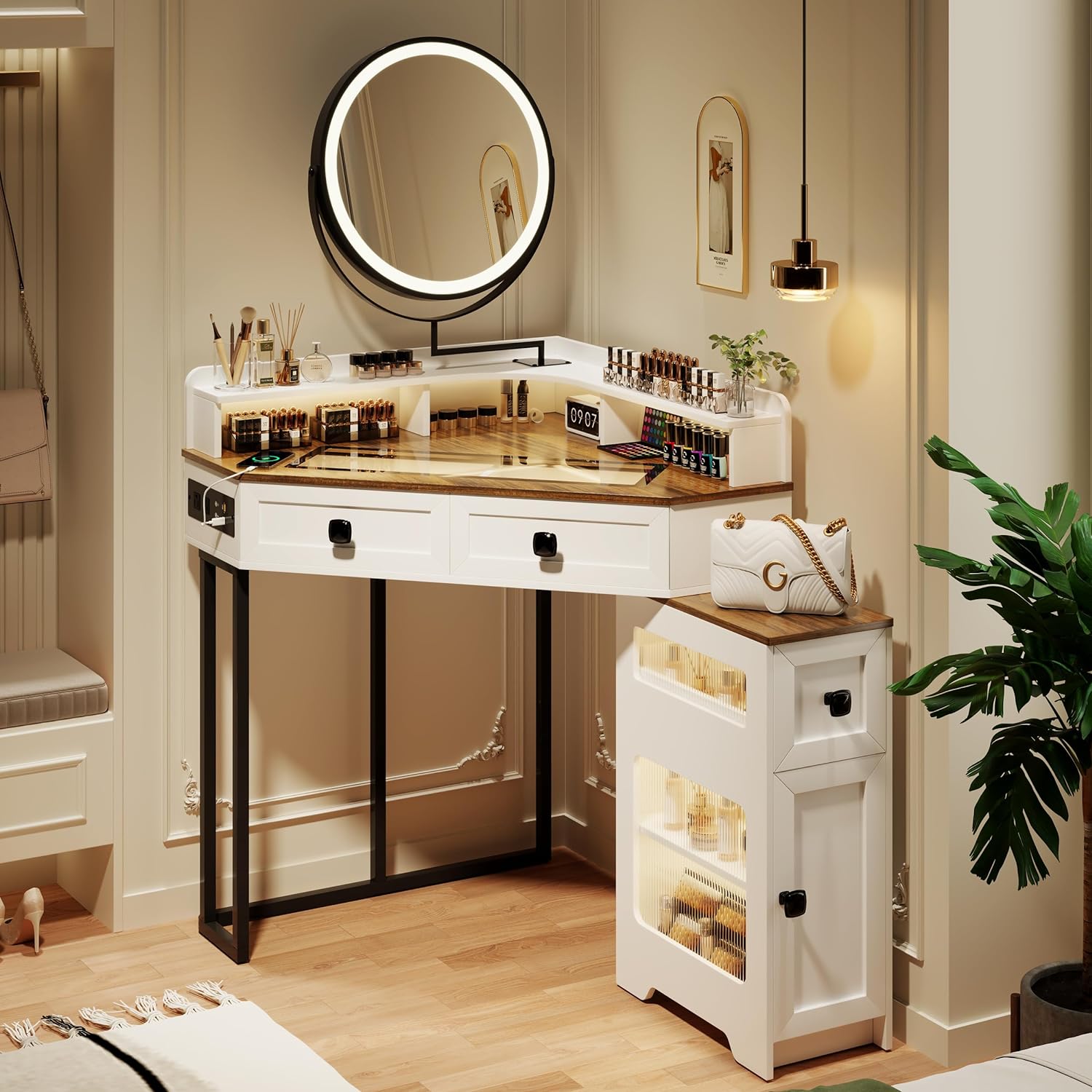 Corner Vanity with Mirror and Lights,Modern Makeup Vanity Set with Charging Stat...
