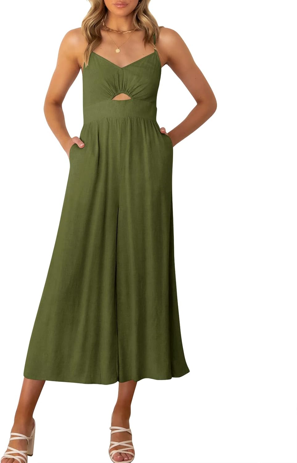 ANRABESS Women Summer Casual Spaghetti Strap Sleeveless V Neck Cutout Linen Wide...