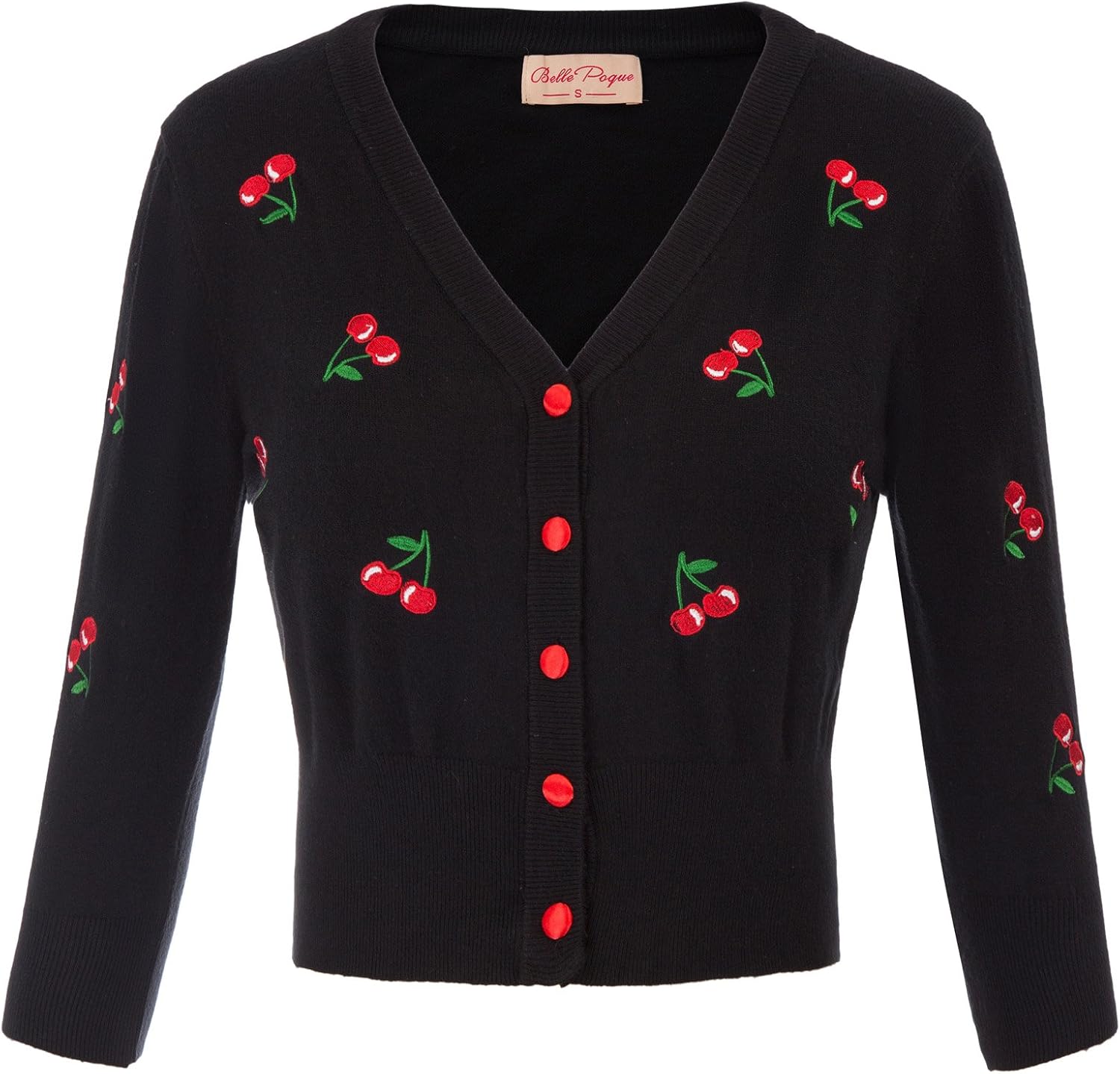 Belle Poque Women's 3/4 Sleeve V-Neck Button Down Cherries Embroidery Cropped Ca...